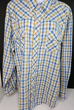 Vtg Wrangler Wrancher Blue Yellow Plaid Pearl Snap Button Shirt, 2XL,